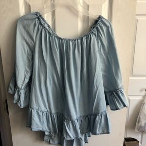 off the shoulder light blue top